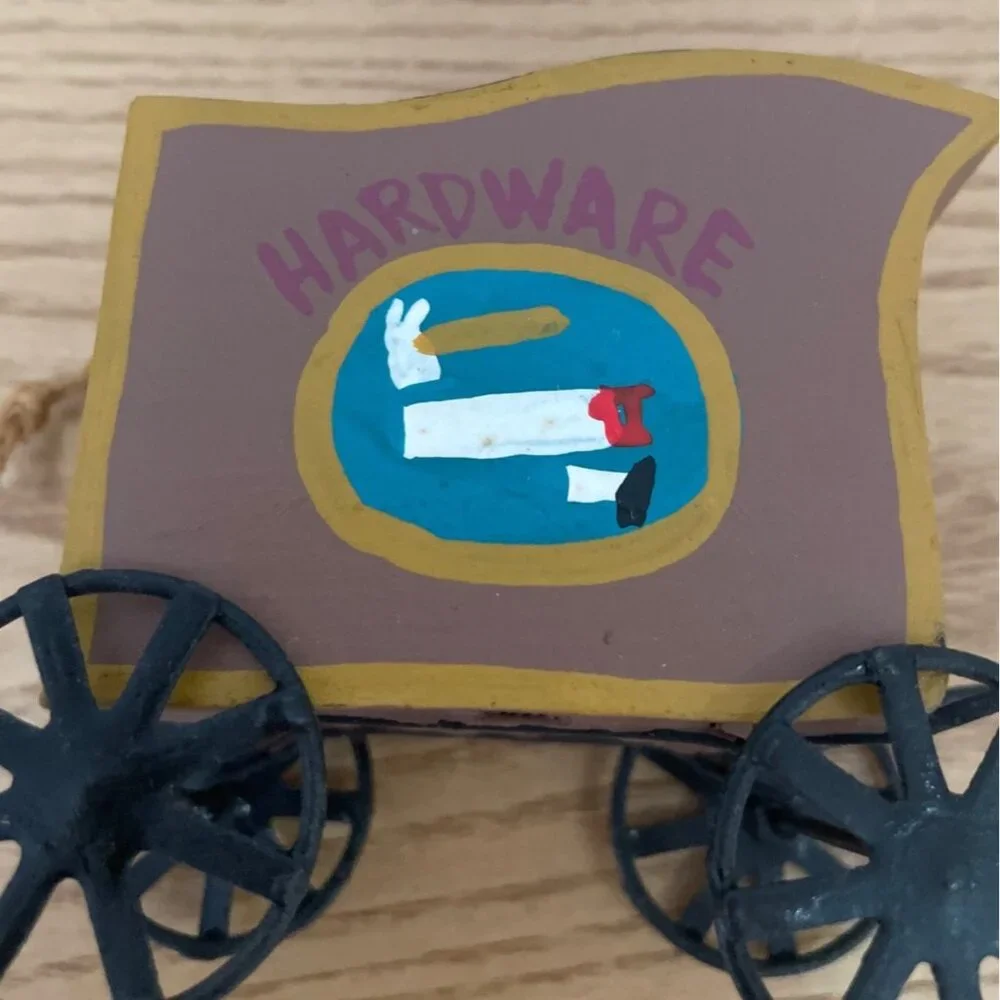 Vtg Amish Covered Wagon Christmas Ornament Hand-Painted Hardware Saw Hammer Tool